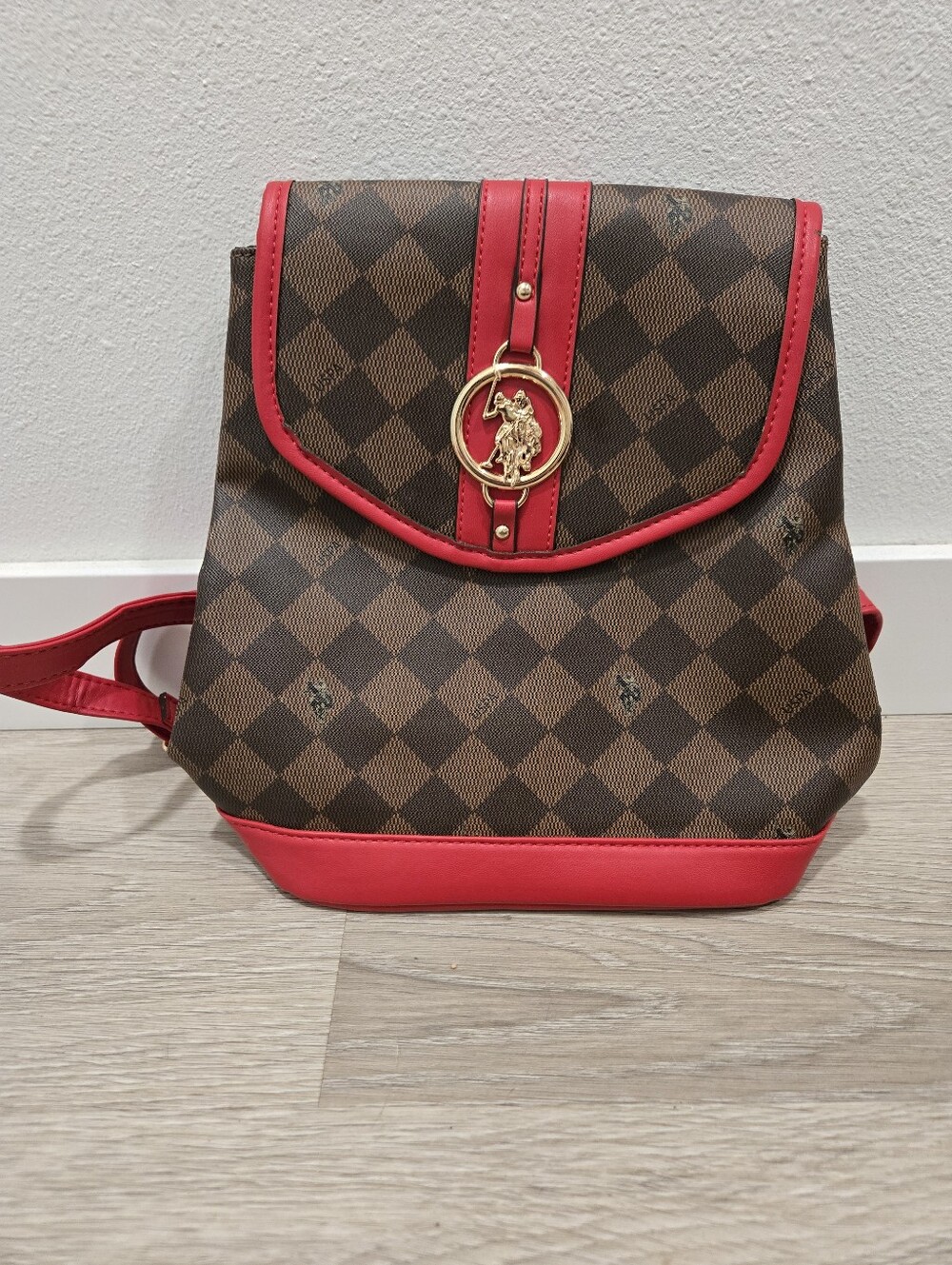 US POLO Brown Checker Backpack with Red Trim - Designer-Inspired Women's Bag